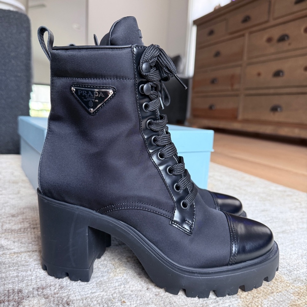 AUTHENTIC Prada Women's Black Re-Nylon and Leather Boots 37.5 7.5